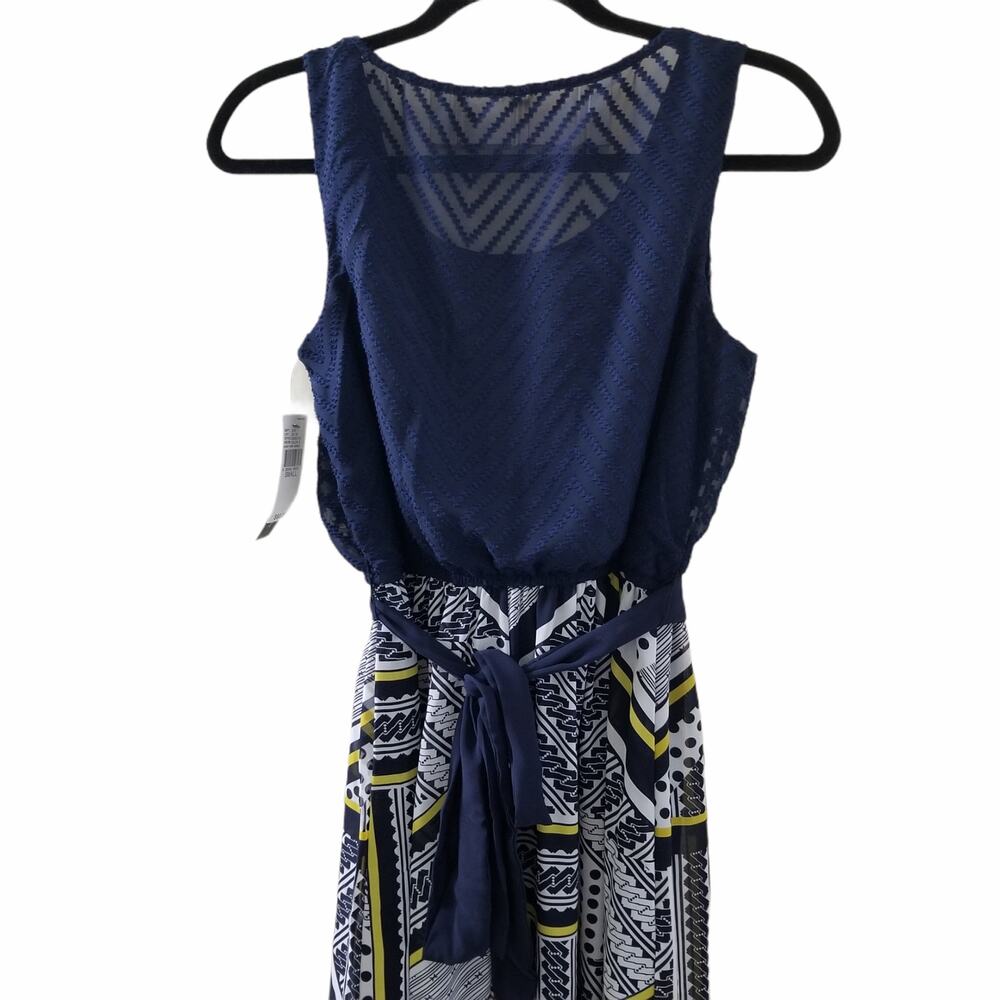 NWT AB Studio Navy Blue Yellow White Belt Sleeveless Knee Length Dress Small - Picture 4 of 7